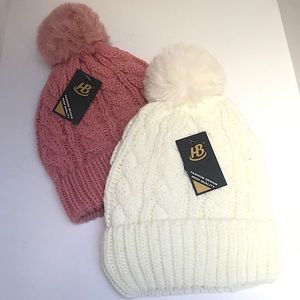 2 soft, warm beanie winter hats w pompom